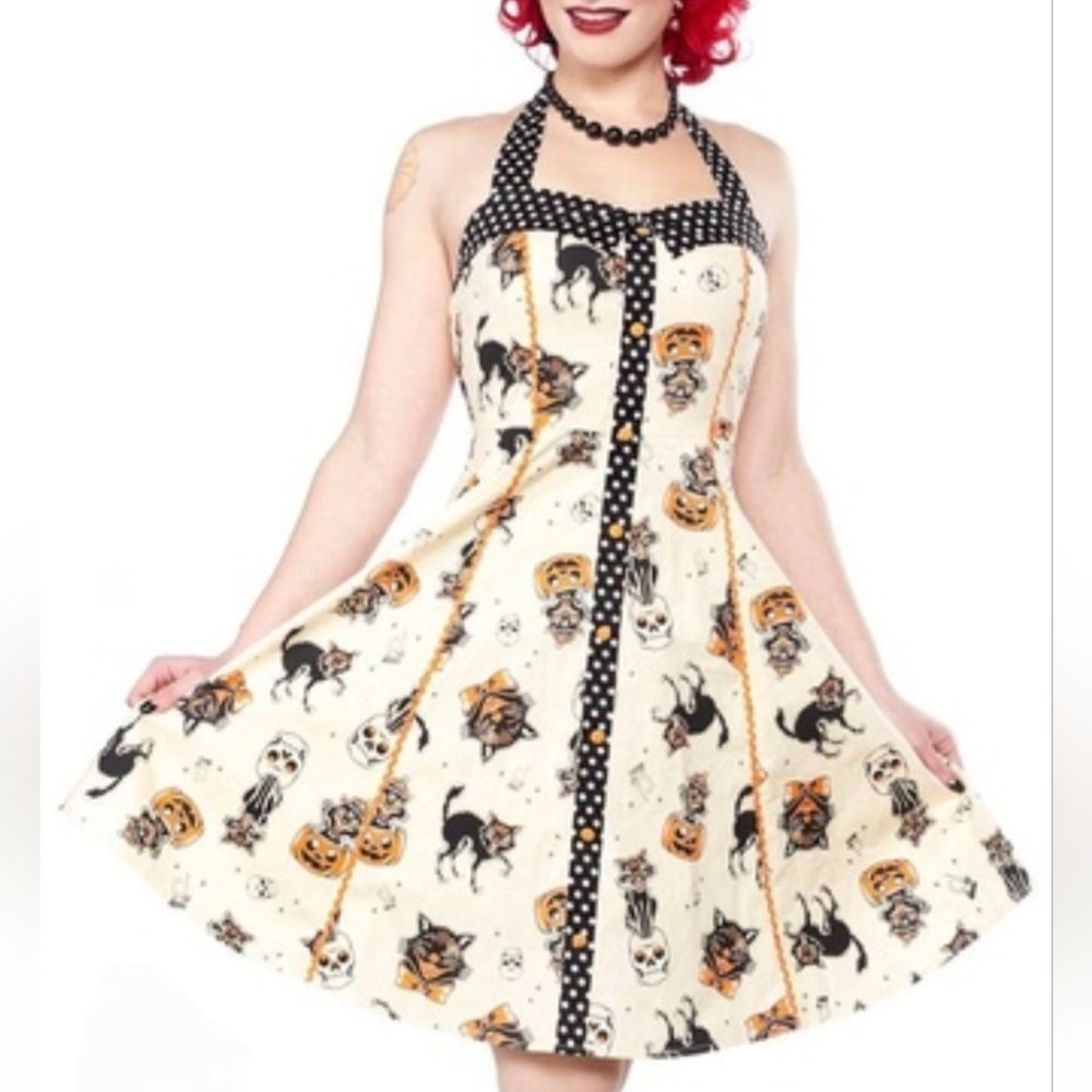 Sourpuss RARE Vintage Halloween Print Halter Peggy Dress L